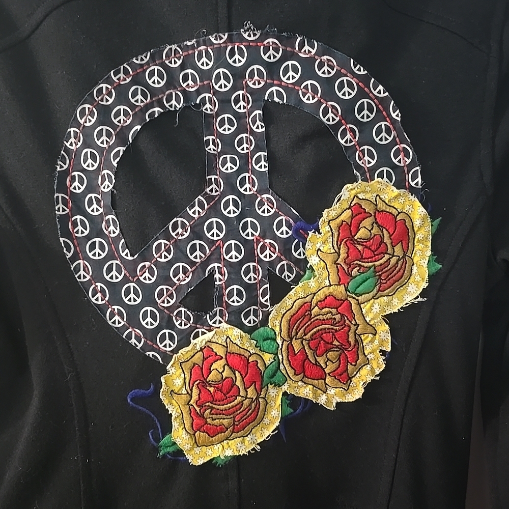 Ivy Jane Black Double Breasted Peace Roses Womens Pea Coat Jacket Size Medium - Picture 4 of 7